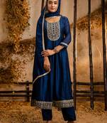 Floral embroidered silk round neck kurta trouser & dupatta set
