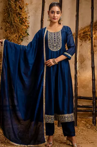 Floral embroidered silk round neck kurta trouser & dupatta set