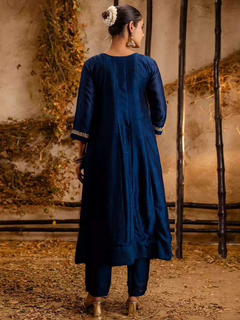 Floral embroidered silk round neck kurta trouser & dupatta set