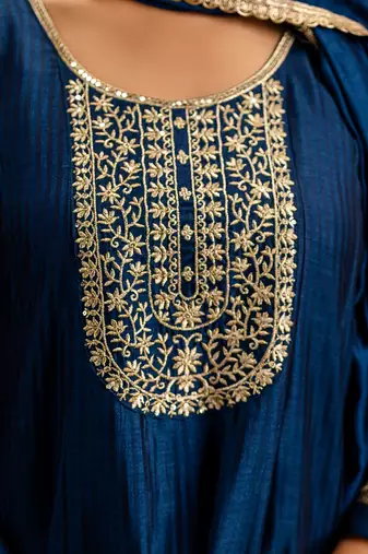 Floral embroidered silk round neck kurta trouser & dupatta set