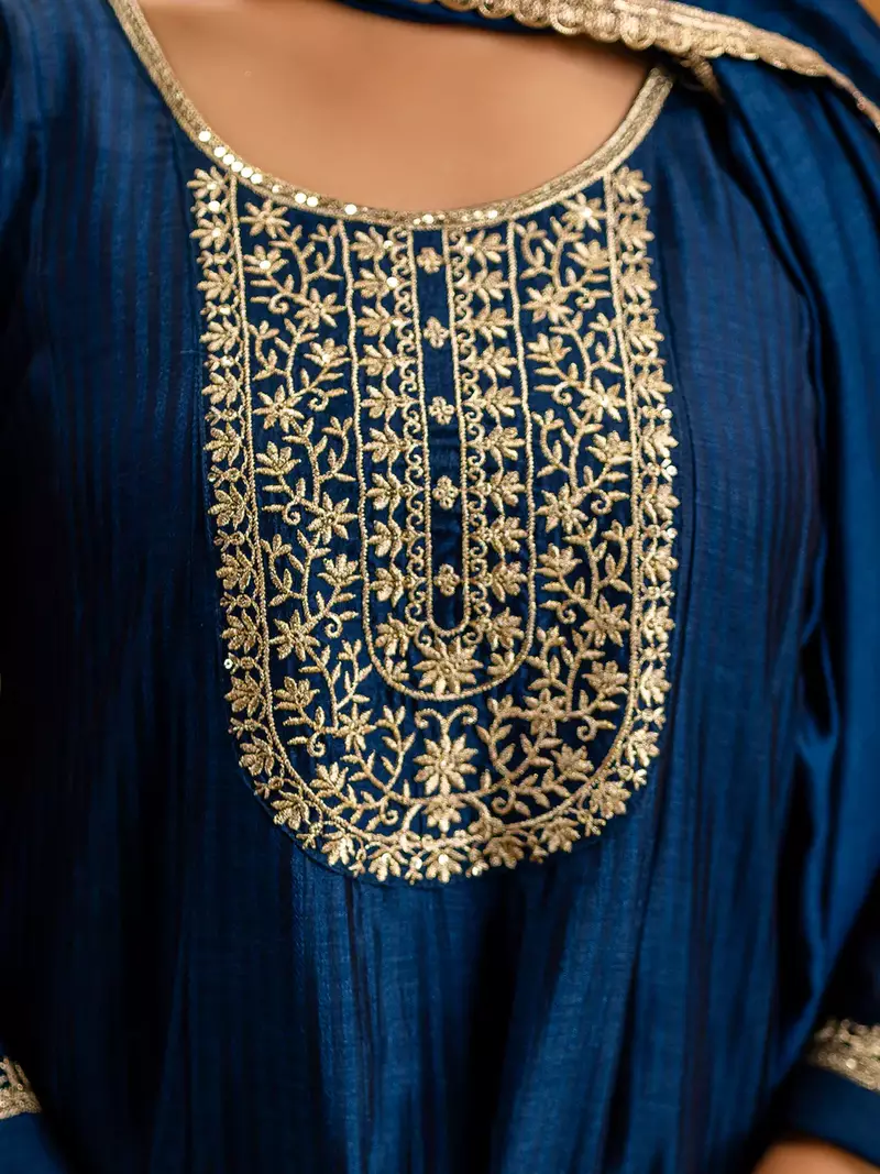 Floral embroidered silk round neck kurta trouser & dupatta set