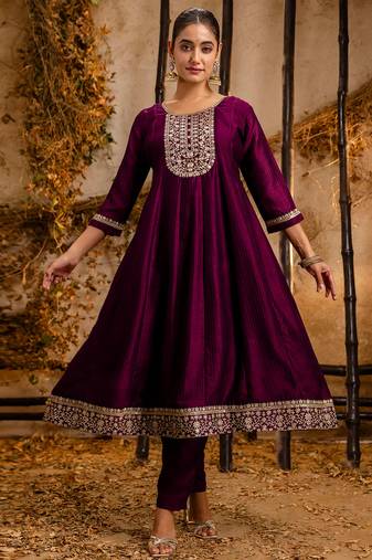 Floral embroidered silk round neck kurta trouser & dupatta set