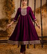 Floral embroidered silk round neck kurta trouser & dupatta set