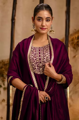 Floral embroidered silk round neck kurta trouser & dupatta set