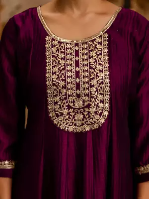 Floral embroidered silk round neck kurta trouser & dupatta set 4