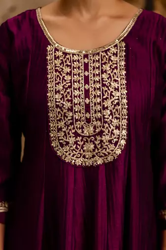 Floral embroidered silk round neck kurta trouser & dupatta set