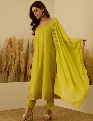 Floral embroidered viscose rayon round neck kurta trouser & dupatta set 1