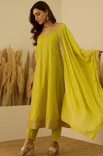 Floral embroidered viscose rayon round neck kurta trouser & dupatta set