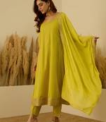 Floral embroidered viscose rayon round neck kurta trouser & dupatta set