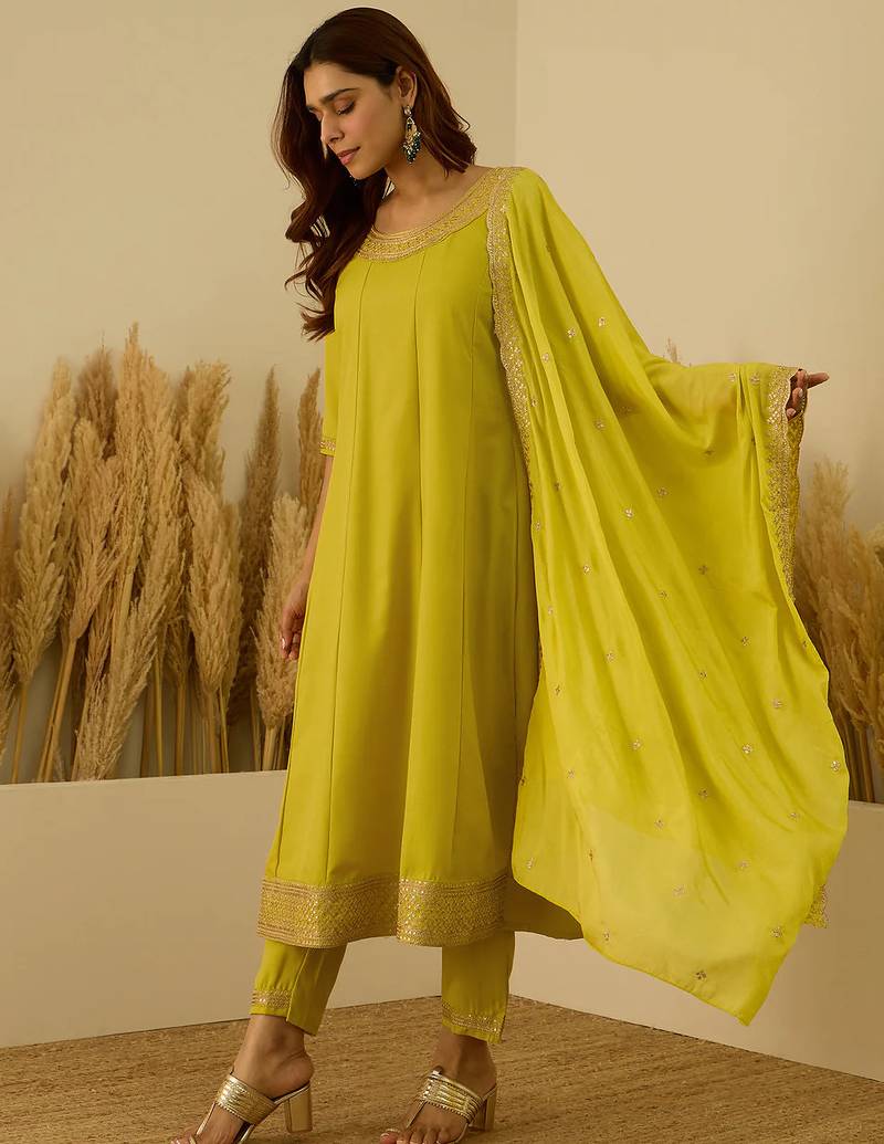 Floral embroidered viscose rayon round neck kurta trouser & dupatta set