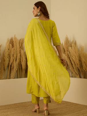 Floral embroidered viscose rayon round neck kurta trouser & dupatta set 2
