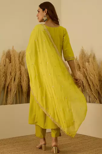 Floral embroidered viscose rayon round neck kurta trouser & dupatta set