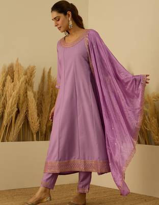 Floral embroidered viscose rayon round neck kurta trouser & dupatta set 1