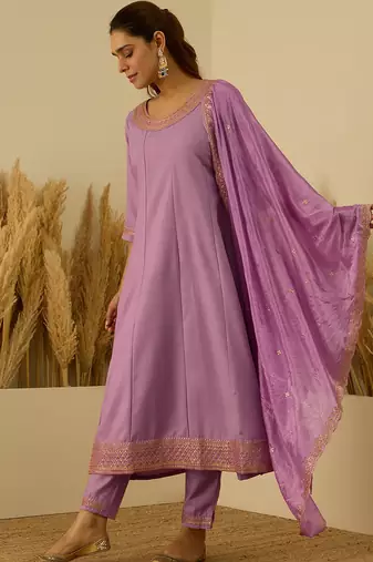 Floral embroidered viscose rayon round neck kurta trouser & dupatta set