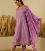 Floral embroidered viscose rayon round neck kurta trouser & dupatta set