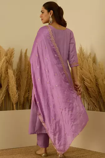 Floral embroidered viscose rayon round neck kurta trouser & dupatta set
