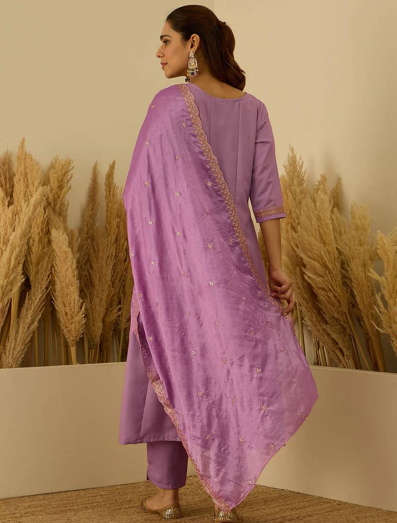 Floral embroidered viscose rayon round neck kurta trouser & dupatta set