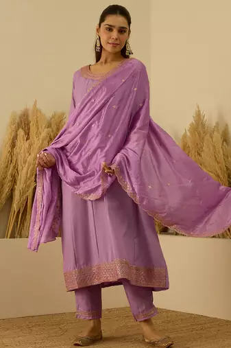 Floral embroidered viscose rayon round neck kurta trouser & dupatta set