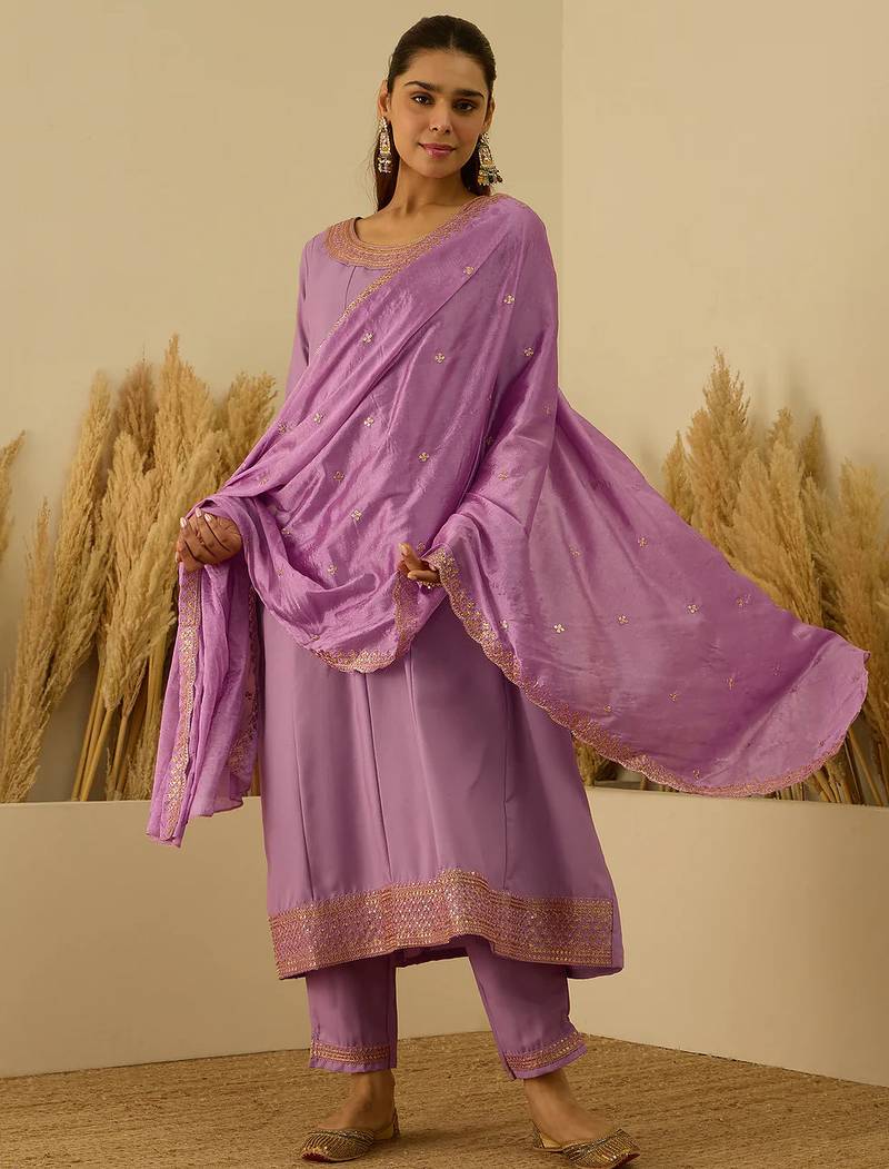 Floral embroidered viscose rayon round neck kurta trouser & dupatta set