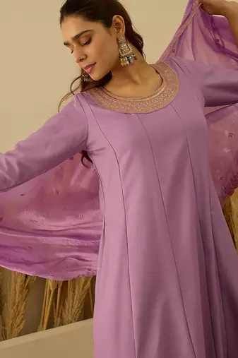 Floral embroidered viscose rayon round neck kurta trouser & dupatta set