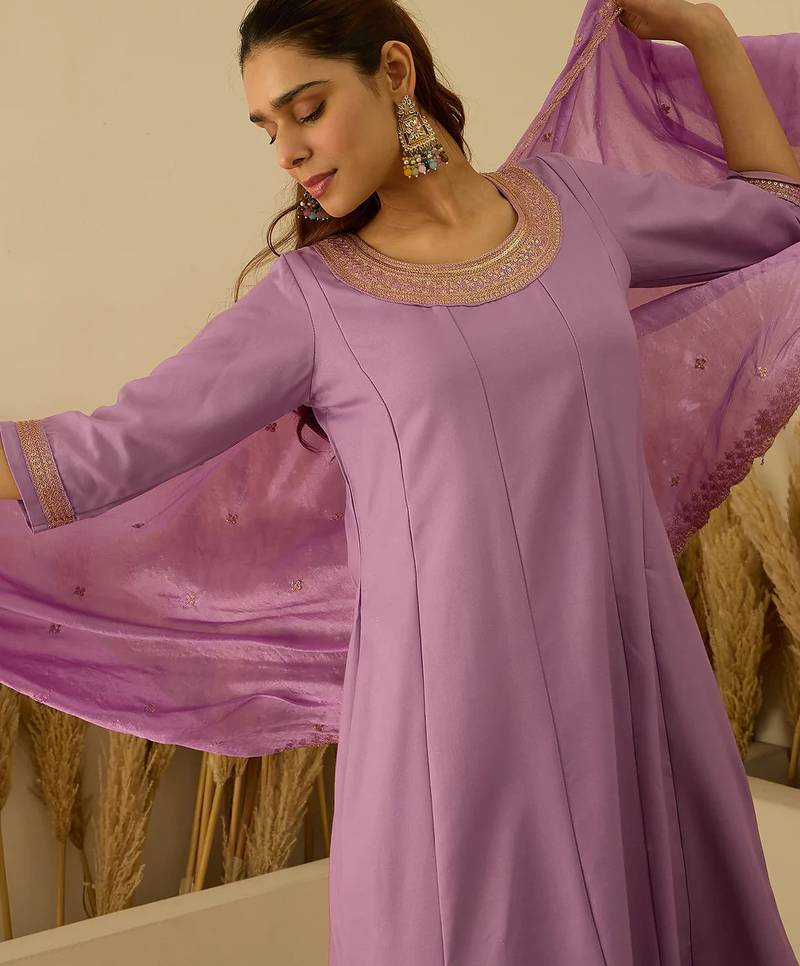 Floral embroidered viscose rayon round neck kurta trouser & dupatta set