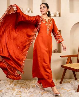 Floral embroidered silk round neck kurta trouser & dupatta set 1