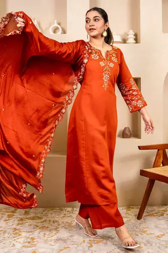 Floral embroidered silk round neck kurta trouser & dupatta set
