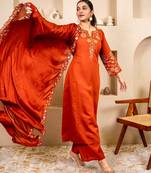 Floral embroidered silk round neck kurta trouser & dupatta set