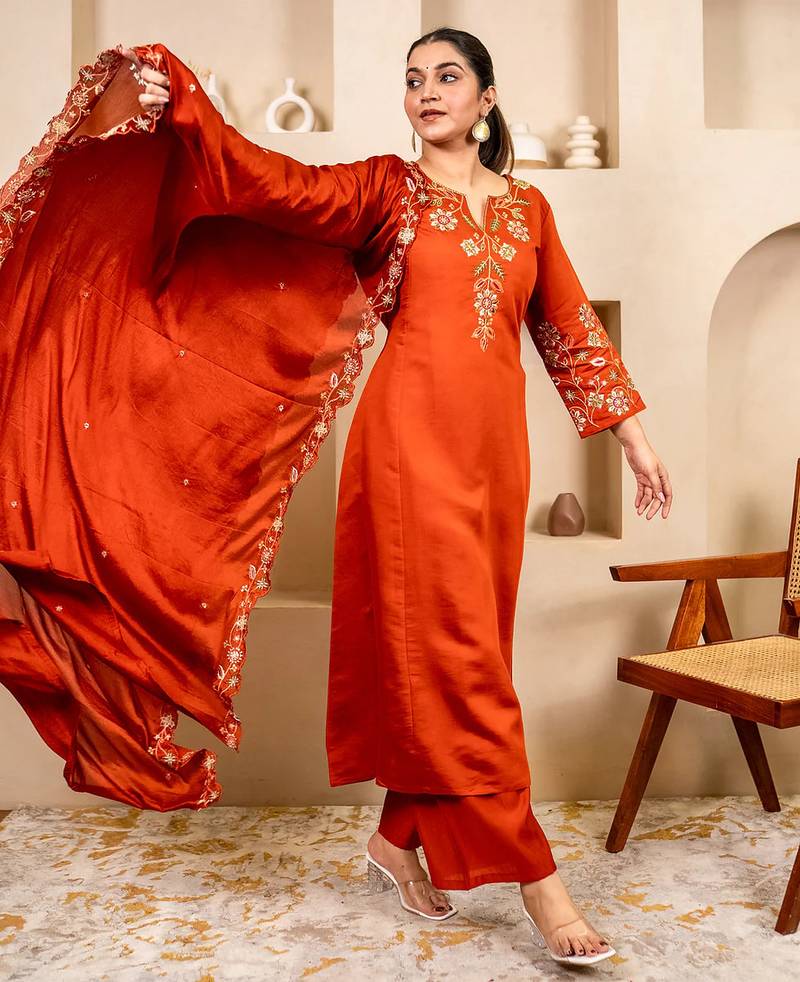 Floral embroidered silk round neck kurta trouser & dupatta set