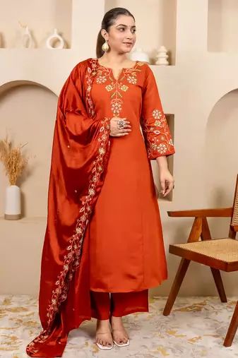 Floral embroidered silk round neck kurta trouser & dupatta set