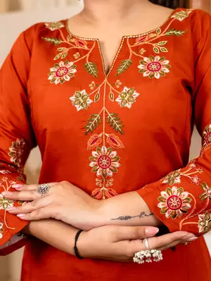 Floral embroidered silk round neck kurta trouser & dupatta set 3