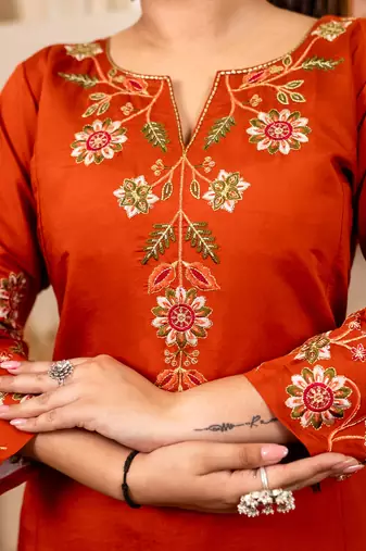 Floral embroidered silk round neck kurta trouser & dupatta set