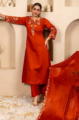 Floral embroidered silk round neck kurta trouser & dupatta set