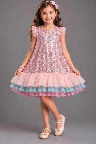 PINK SEQUINS WITH MULTI LAYERED RUFFLED DRESS 