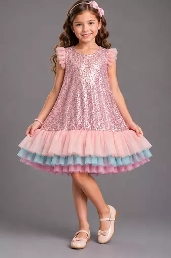 PINK SEQUINS WITH MULTI LAYERED RUFFLED DRESS 