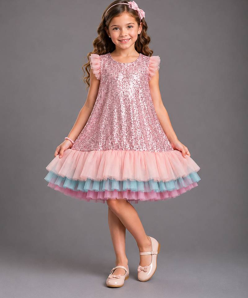PINK SEQUINS WITH MULTI LAYERED RUFFLED DRESS 
