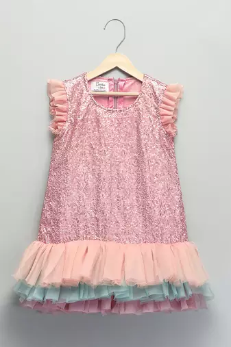 PINK SEQUINS WITH MULTI LAYERED RUFFLED DRESS 