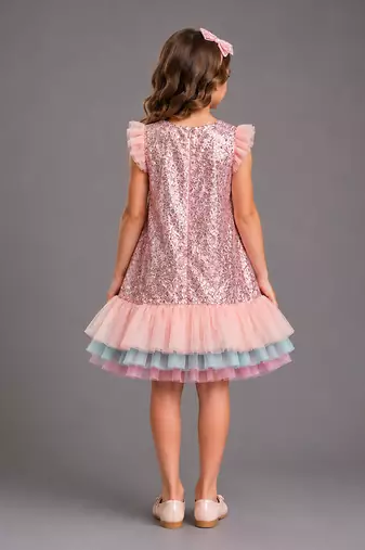 PINK SEQUINS WITH MULTI LAYERED RUFFLED DRESS 