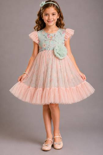 Peach pastel green printed net dress