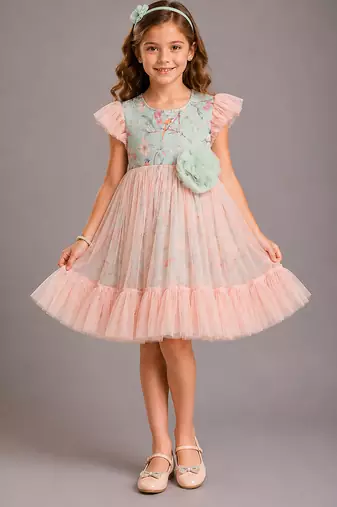 Peach pastel green printed net dress