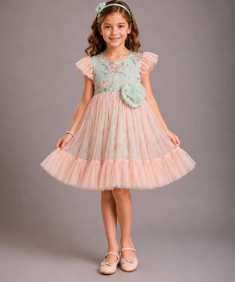 Peach pastel green printed net dress