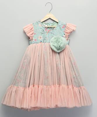 Peach pastel green printed net dress 2