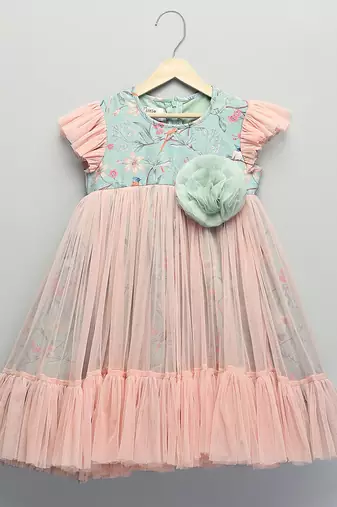 Peach pastel green printed net dress
