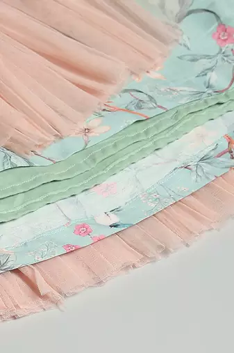 Peach pastel green printed net dress