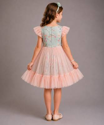 Peach pastel green printed net dress 4