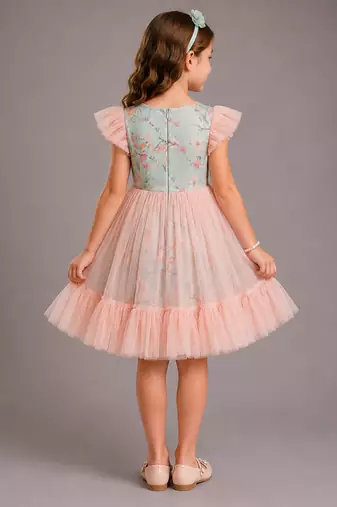 Peach pastel green printed net dress