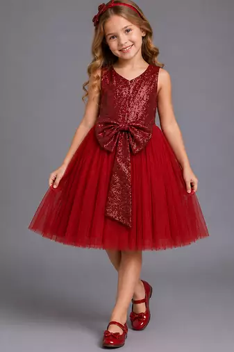 Red embroidered net dress