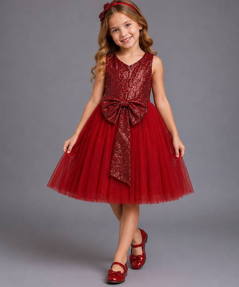 Red embroidered net dress