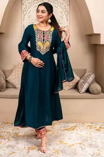 Floral embroidered viscose rayon round neck kurta trouser & dupatta set