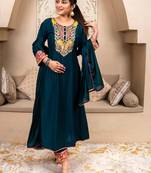 Floral embroidered viscose rayon round neck kurta trouser & dupatta set
